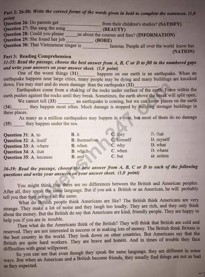 Gợi ý đáp án đề thi vào lớp 10 môn Tiếng Anh Sở GD&ĐT Bến Tre 2019 goi y dap an de thi vao lop 10 mon tieng anh so gddt ben tre 2019
