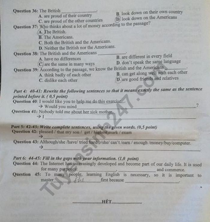 Gợi ý đáp án đề thi vào lớp 10 môn Tiếng Anh Sở GD&ĐT Bến Tre 2019 goi y dap an de thi vao lop 10 mon tieng anh so gddt ben tre 2019