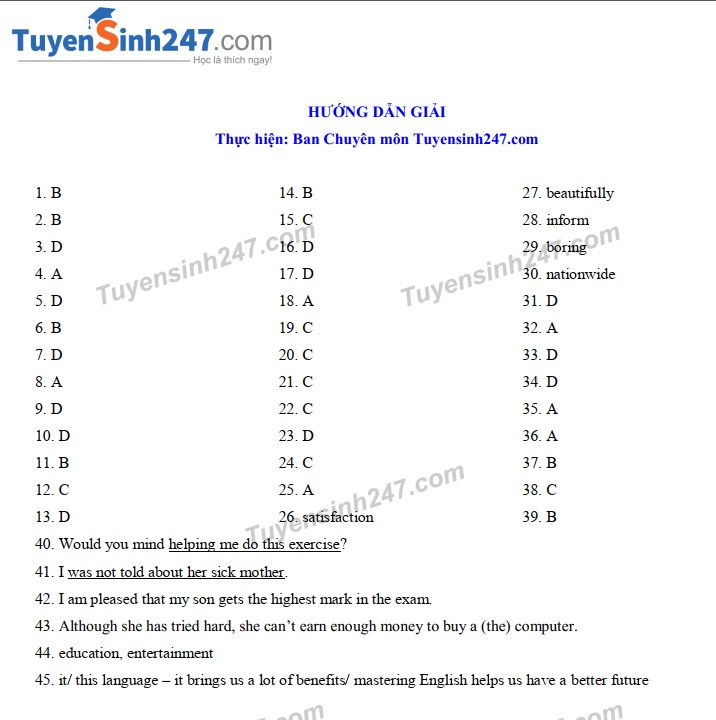 Gợi ý đáp án đề thi vào lớp 10 môn Tiếng Anh Sở GD&ĐT Bến Tre 2019 goi y dap an de thi vao lop 10 mon tieng anh so gddt ben tre 2019