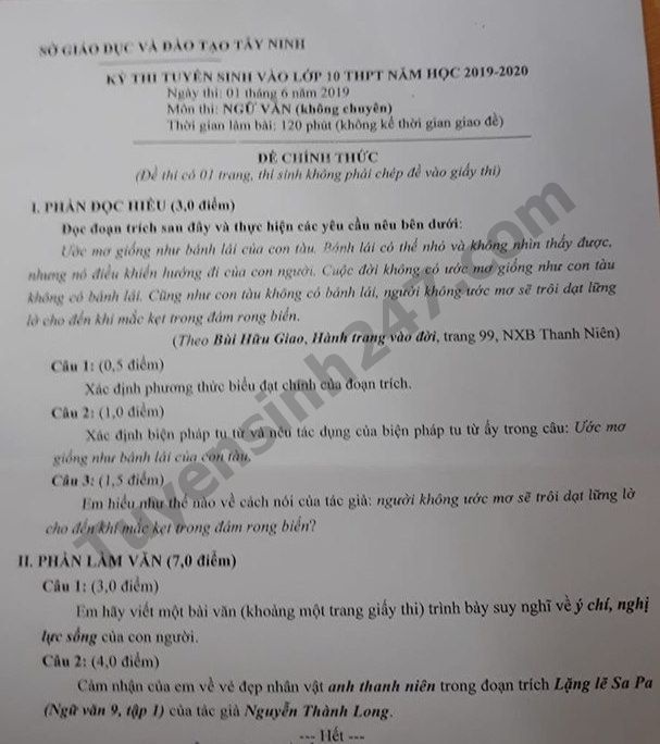 Gợi ý đáp án đề thi vào lớp 10 môn Văn Sở GD&ĐT Tây Ninh 2019 goi y dap an de thi vao lop 10 mon van so gddt tay ninh 2019