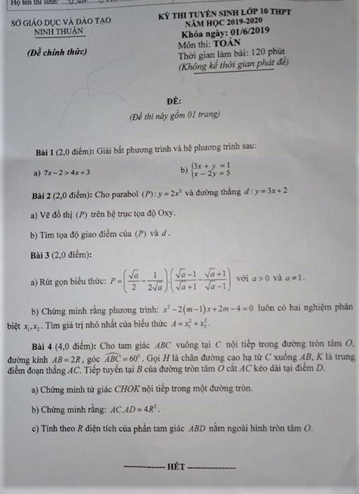 Gợi ý đáp án đề thi vào lớp 10 môn Toán Sở GD&ĐT Ninh Thuận 2019 goi y dap an de thi vao lop 10 mon toan so gddt ninh thuan 2019