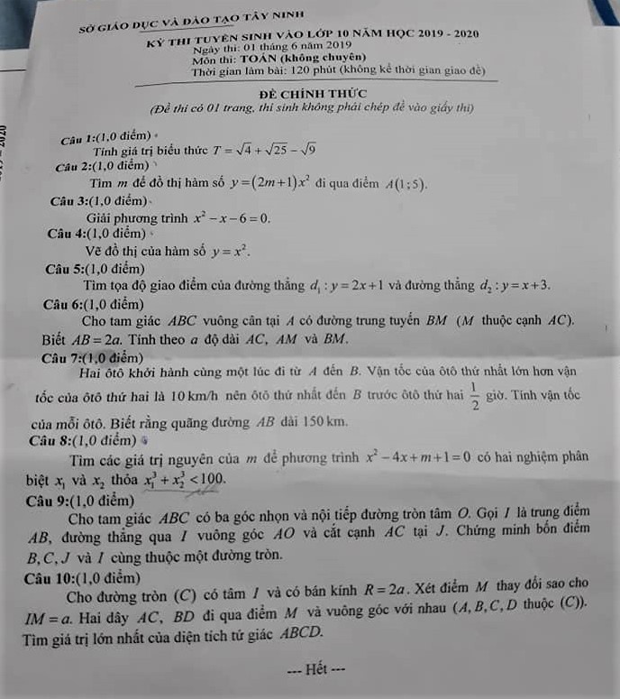 Gợi ý đáp án đề thi vào lớp 10 môn Toán Sở GD&ĐT Tây Ninh 2019 goi y dap an de thi vao lop 10 mon toan so gddt tay ninh 2019