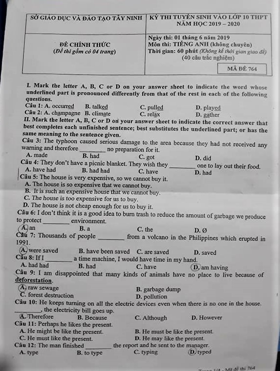 Gợi ý đáp án đề thi vào lớp 10 môn Tiếng Anh Sở GD&ĐT Tây Ninh 2019 goi y dap an de thi vao lop 10 mon tieng anh so gddt tay ninh 2019