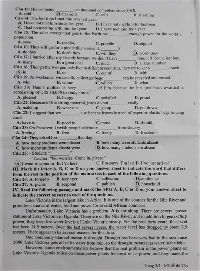 Gợi ý đáp án đề thi vào lớp 10 môn Tiếng Anh Sở GD&ĐT Tây Ninh 2019 goi y dap an de thi vao lop 10 mon tieng anh so gddt tay ninh 2019