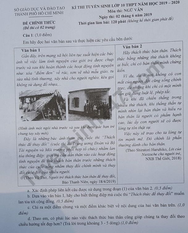 Gợi ý đáp án đề thi tuyển sinh lớp 10 môn Văn Sở GD&ĐT TP HCM goi y dap an de thi tuyen sinh lop 10 mon van so gddt tp hcm