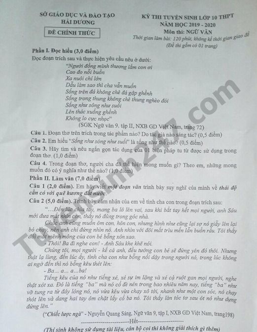 goi y dap an de thi tuyen sinh lop 10 mon van so gddt hai duong 2019