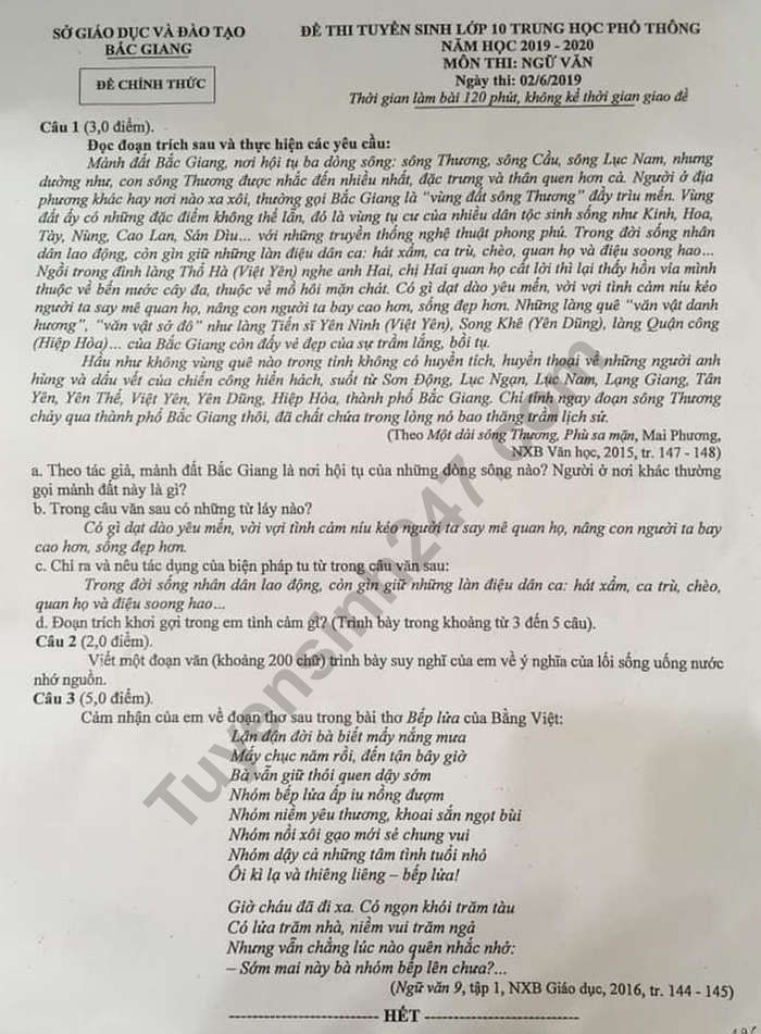 Gợi ý đáp án đề thi tuyển sinh lớp 10 môn Văn Sở GD&ĐT Bắc Giang 2019 goi y dap an de thi tuyen sinh lop 10 mon van so gddt bac giang 2019