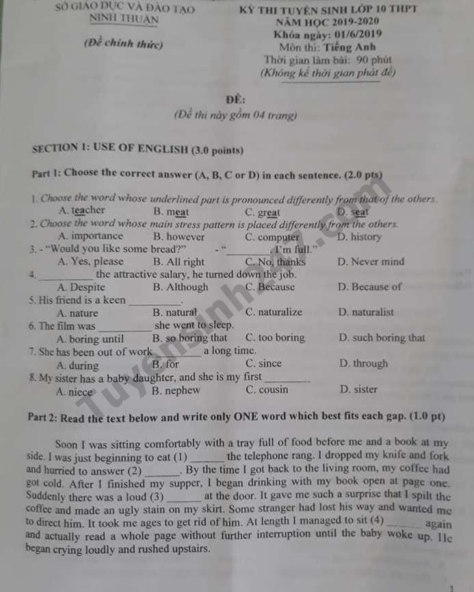 goi y de thi tuyen sinh lop 10 mon tieng anh so gddt ninh thuan 2019