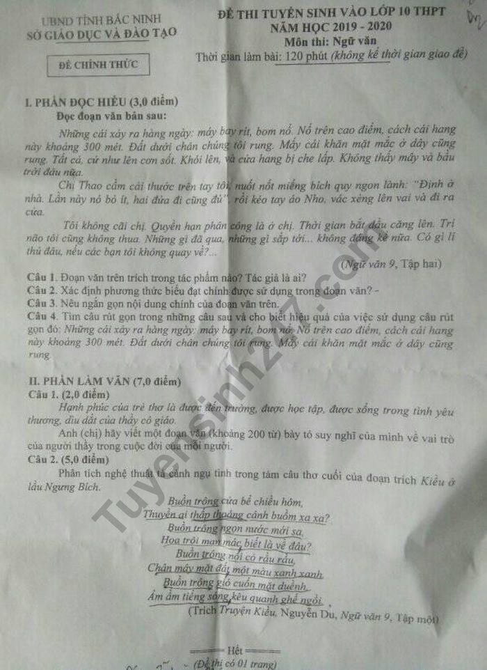 Gợi ý đáp án đề thi tuyển sinh lớp 10 môn Văn Sở GD&ĐT Bắc Ninh 2019 goi y dap an de thi tuyen sinh lop 10 mon van so gddt bac ninh 2019