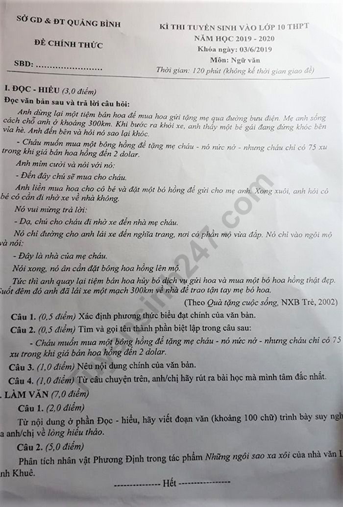 Gợi ý đáp án đề thi lớp 10 môn Văn Sở GD&ĐT Quảng Bình năm 2019 goi y dap an de thi tuyen sinh lop 10 mon van so gddt quang binh nam 2019