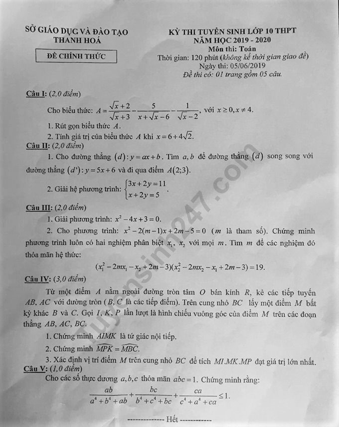Gợi ý đáp án đề thi tuyển sinh lớp 10 môn Toán Sở GD&ĐT Thanh Hóa 2019 goi y dap an de thi tuyen sinh lop 10 mon toan so gddt thanh hoa 2019