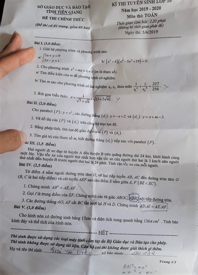 Gợi ý đáp án đề thi tuyển sinh lớp 10 môn Toán Sở GD&ĐT Tiền Giang 2019 goi y dap an de thi tuyen sinh lop 10 mon toan so gddt tien giang 2019