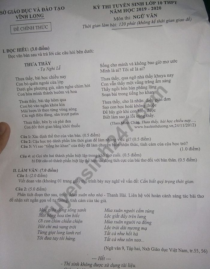 goi y dap an de thi tuyen sinh lop 10 mon van so gddt vinh long 2019
