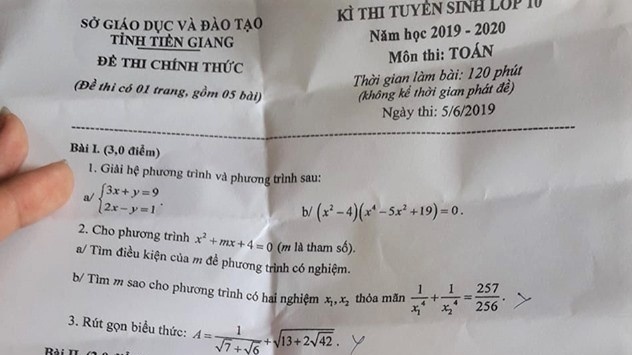 Gợi ý đáp án đề thi tuyển sinh lớp 10 môn Toán Sở GD&ĐT Tiền Giang 2019