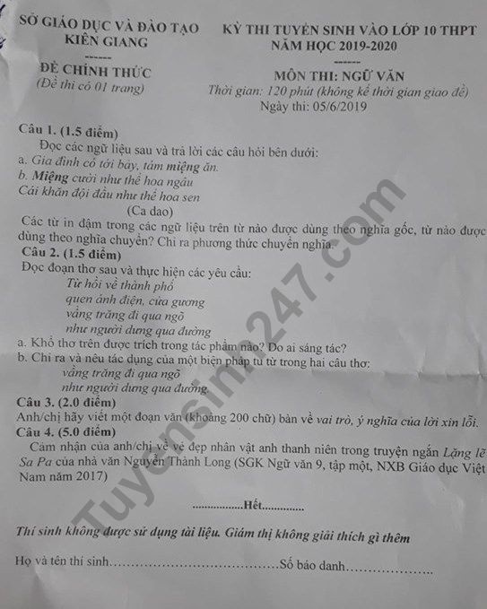 Gợi ý đáp án đề thi tuyển sinh lớp 10 môn Văn Sở GD&ĐT Kiên Giang năm 2019 goi y dap an de thi tuyen sinh lop 10 mon van so gddt kien giang nam 2019
