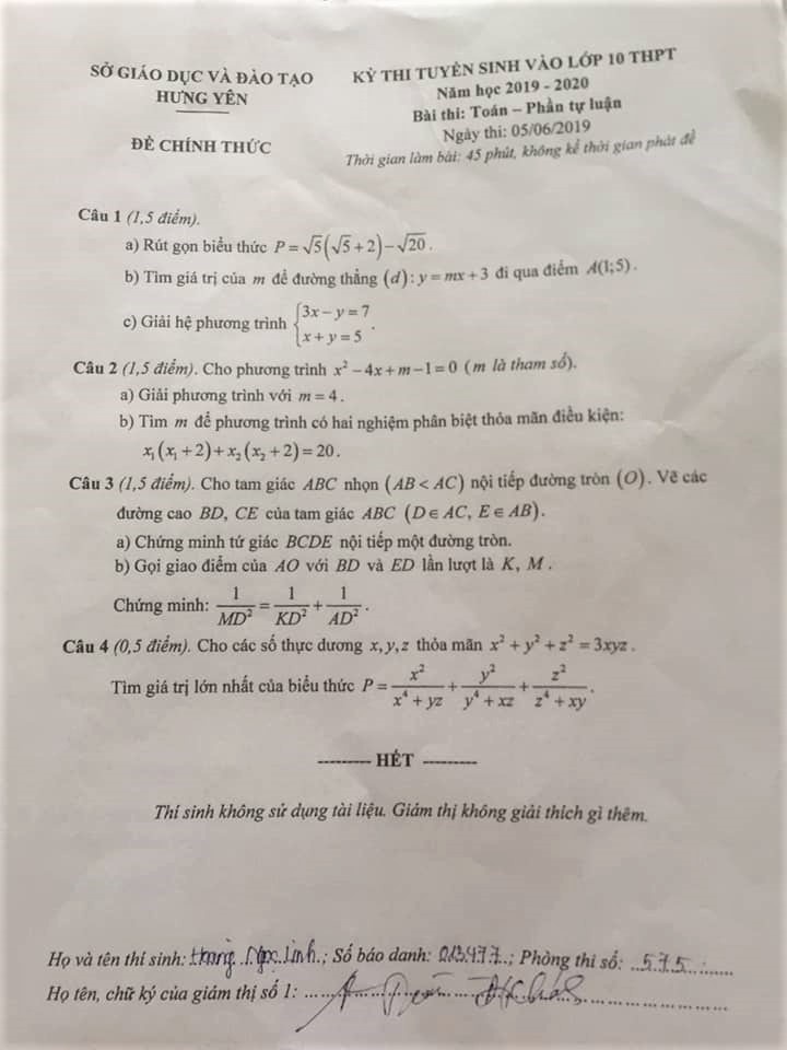 Gợi ý đáp án đề thi tuyển sinh lớp 10 môn Toán Sở GD&ĐT Hưng Yên năm 2019 goi y dap an de thi tuyen sinh lop 10 mon toan so gddt hung yen nam 2019