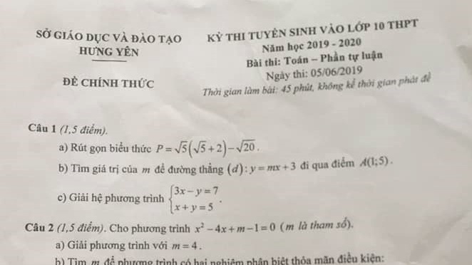 Gợi ý đáp án đề thi tuyển sinh lớp 10 môn Toán Sở GD&ĐT Hưng Yên năm 2019