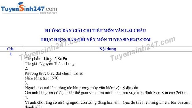 Gợi ý đáp án đề thi tuyển sinh lớp 10 môn Văn Sở GD&ĐT Lai Châu 2019