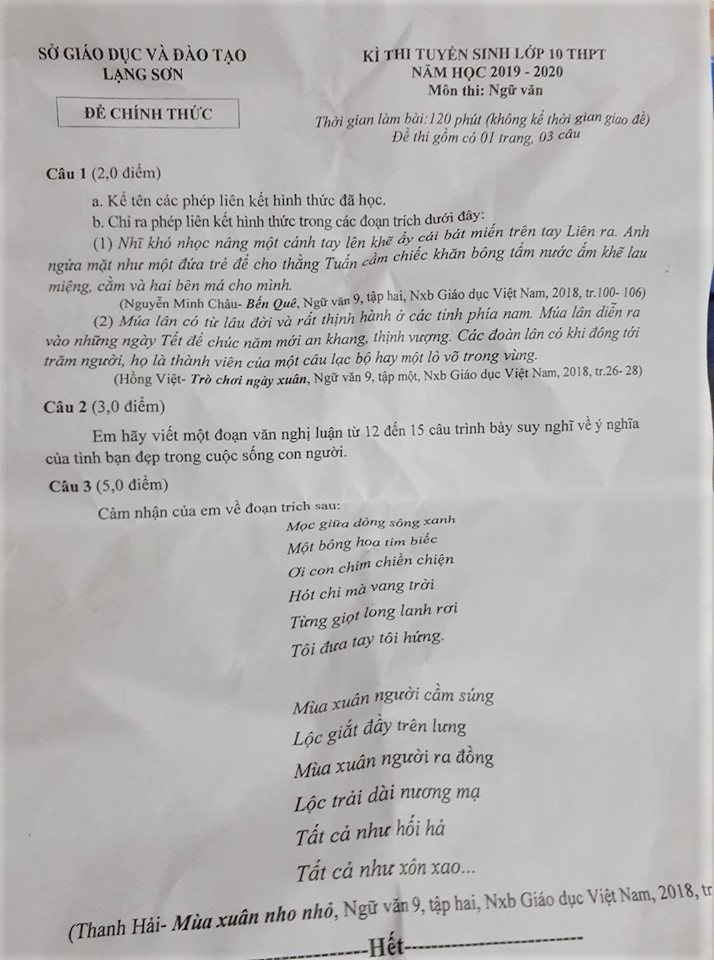 Gợi ý đáp án đề thi tuyển sinh lớp 10 môn Văn Sở GD&ĐT Lạng Sơn goi y dap an de thi tuyen sinh lop 10 mon van so gddt lang son