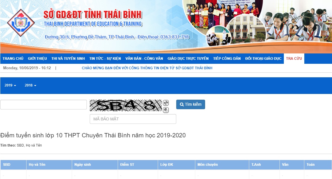 tra cuu diem thi tuyen sinh lop 10 thai binh nam 2019