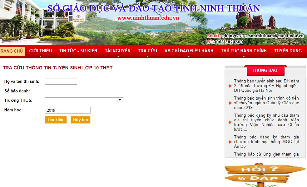 tra cuu diem thi tuyen sinh lop 10 ninh thuan nam 2019