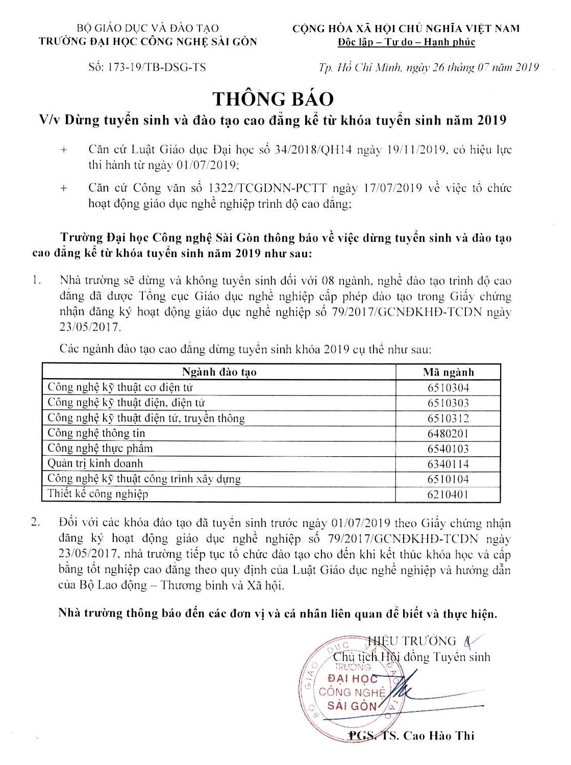 dai hoc cong nghe sai gon dung tuyen sinh he cao dang tu 172019