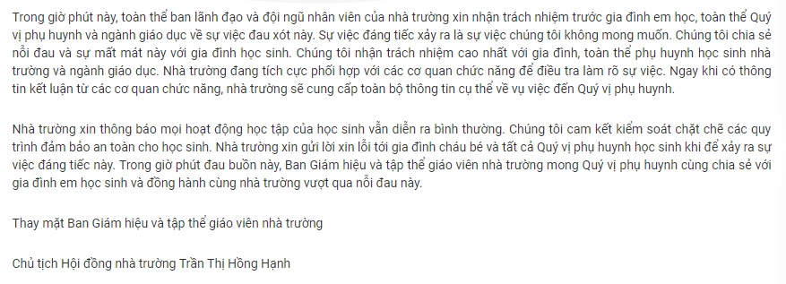 sau vu hoc sinh tu vong tren xe dua don truong gateway thong bao hoc tap binh thuong