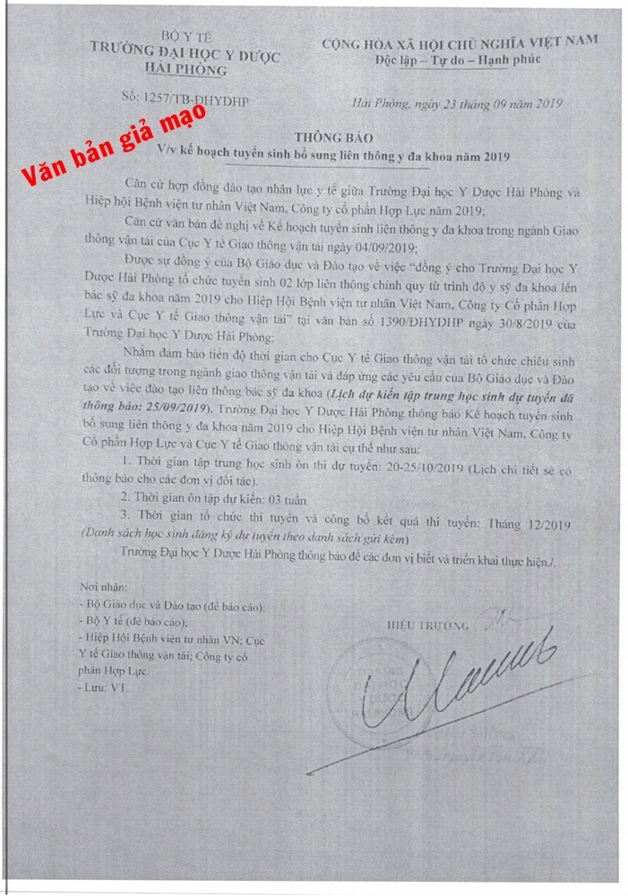 van ban gia mao dai hoc y duoc hai phong xet tuyen bo sung nam 2019