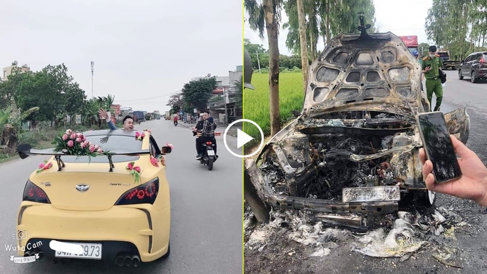 “Siêu xe” cháy rụi, tài xế phải đi cấp cứu sau cú tông vào cọc tiêu