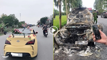 “Siêu xe” cháy rụi, tài xế phải đi cấp cứu sau cú tông vào cọc tiêu