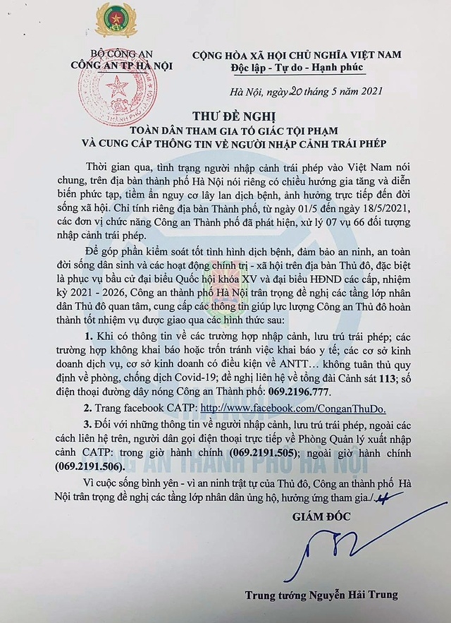 Công an Hà Nội vận động người dân tố giác người nhập cảnh trái phép