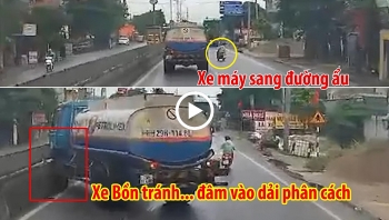 Tránh xe máy chuyển làn ẩu, xe bồn xăng dầu đâm vào dải phân cách