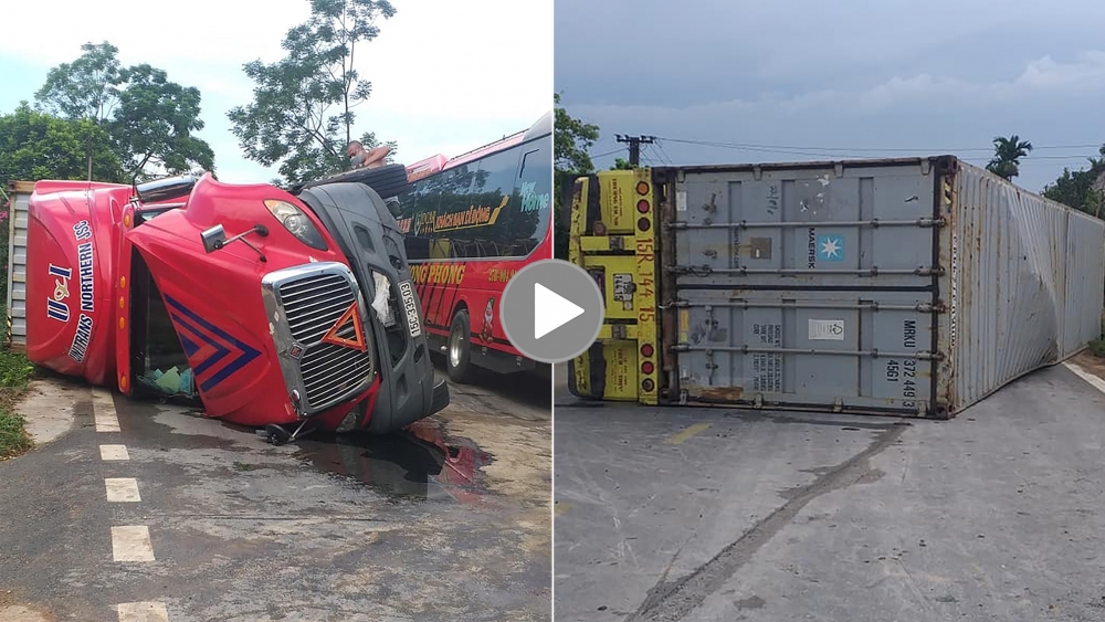 Khoảnh khắc xe container bị lật nghiêng do vào cua nhanh