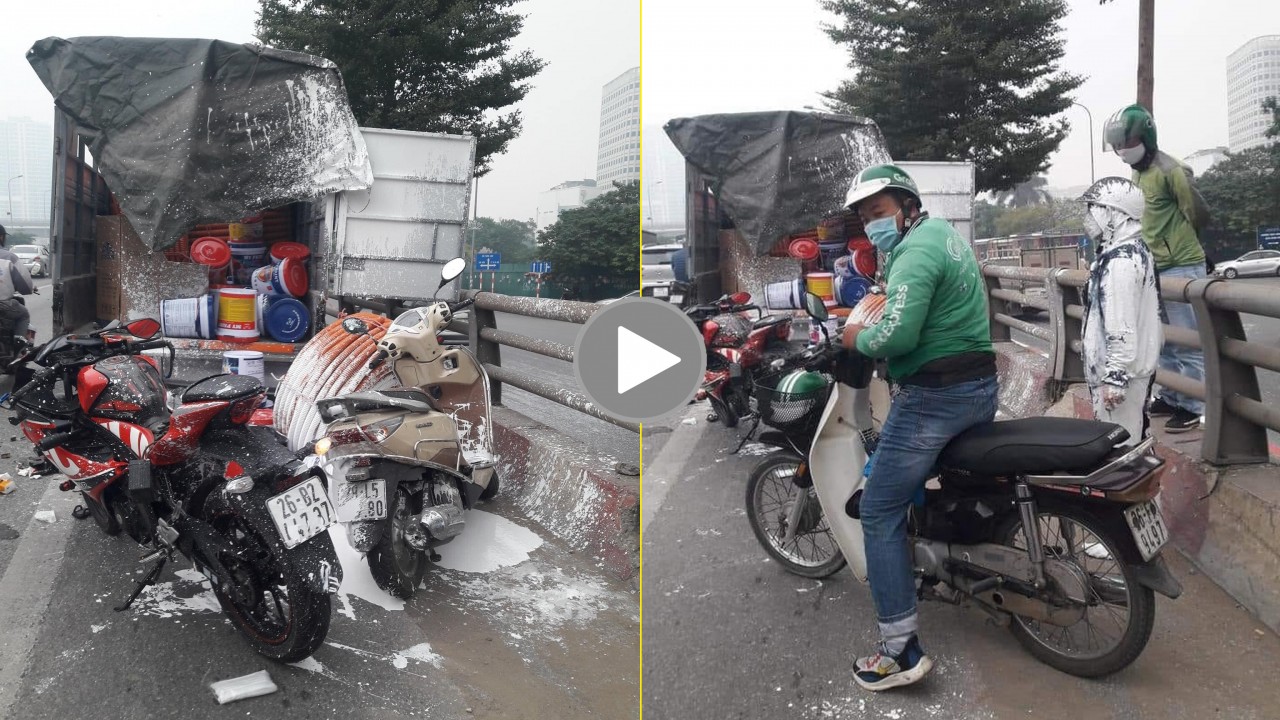 Tai nạn hy hữu: Cô gái bị chiếc xe phân khối lớn bắn cả đống sơn lên người Tai nạn hy hữu: Cô gái bị chiếc xe phân khối lớn bắn cả đống sơn lên người