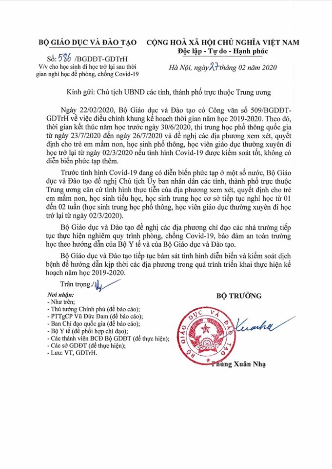 dich covid 19 bo gddt de nghi hoc sinh mam non tieu hoc thcs nghi them 1 2 tuan
