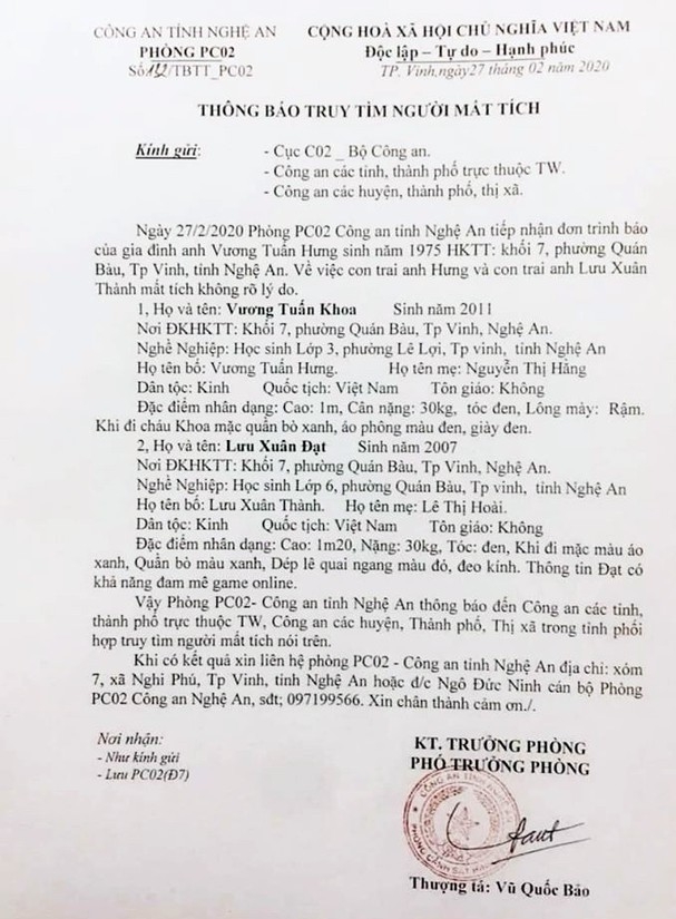 Nghệ An: Công an truy tìm tung tích 2 bé trai mất tích