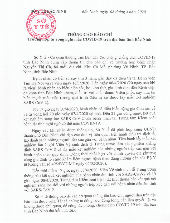 Bắc Ninh thông tin chính thức về người phụ nữ tử vong nghi mắc COVID-19 bac ninh thong tin chinh thuc ve nguoi phu nu tu vong nghi mac covid 19