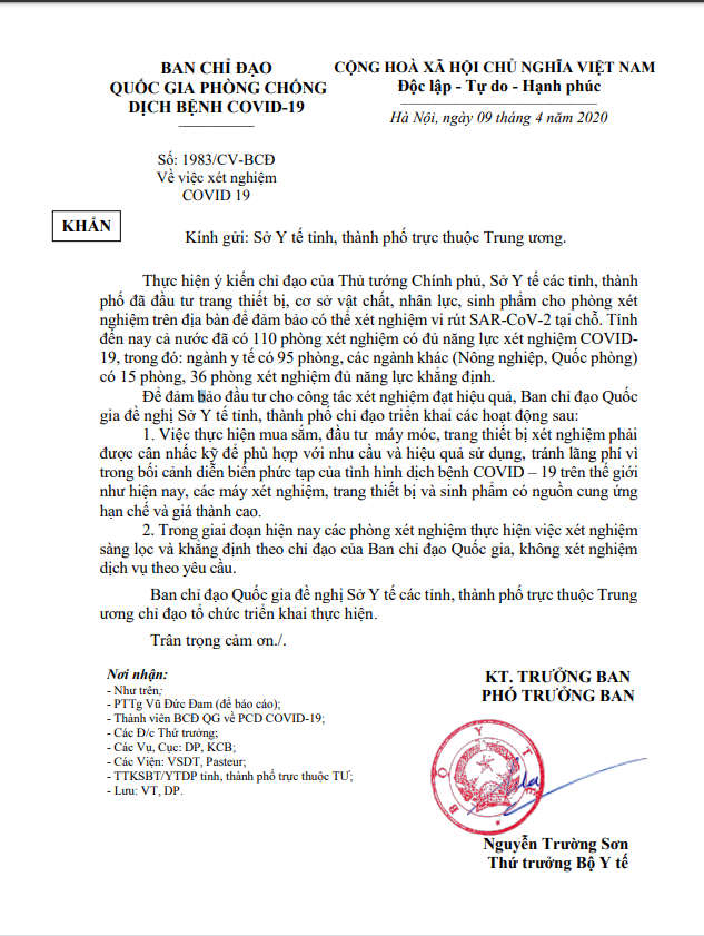 Không thực hiện xét nghiệm SARS-CoV-2 theo yêu cầu khong cho phep lam xet nghiem vi rut sars cov 2 dich vu theo yeu cau