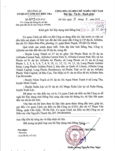 bo cong an dieu tra 29 du an lien quan den cong ty alibaba o dong nai