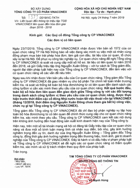 vinaconex len tieng ve viec tong giam doc nguyen xuan dong bi trieu tap