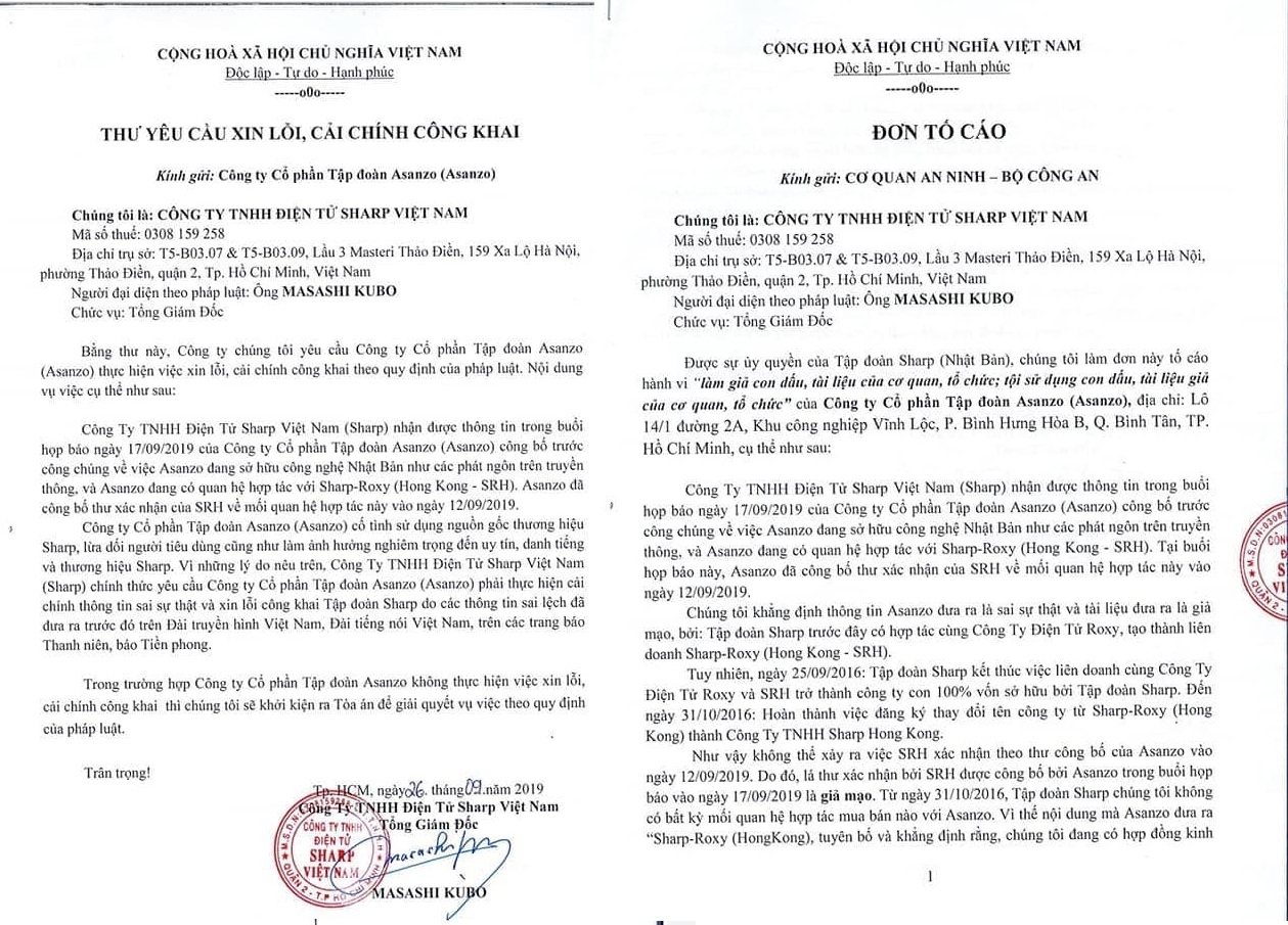 tap doan sharp to cao len bo cong an yeu cau asanzo xin loi