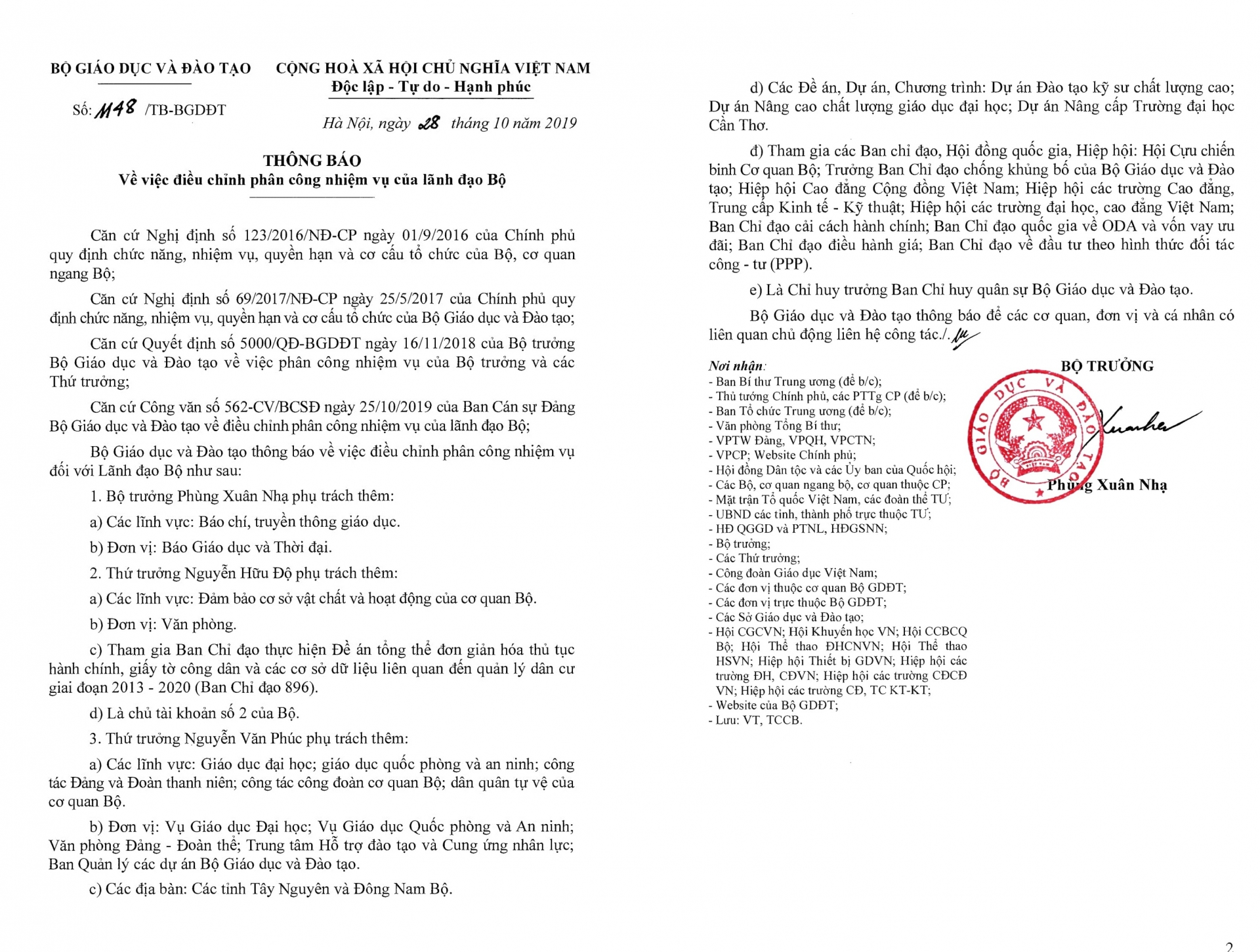 ai duoc phan cong dam trach cong viec cua co thu truong le hai an vua qua doi