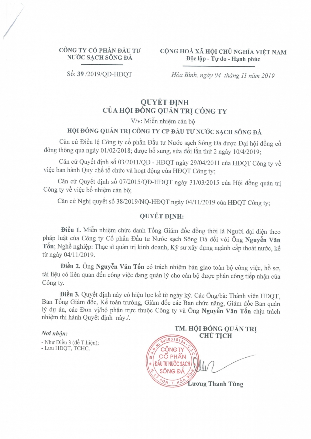 cong ty nuoc sach song da mien nhiem chuc tong giam doc doi voi ong nguyen van ton