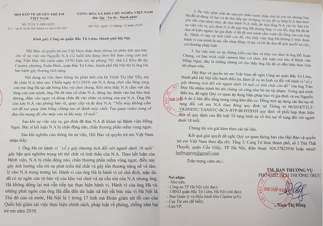 hoi bao ve quyen tre em de nghi cong an khoi to vu chau be 12 tuoi bi danh o ciputra