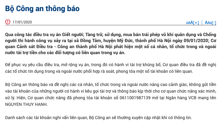 Bộ Công an thông tin về việc phong tỏa một số tài khoản vụ Đồng Tâm