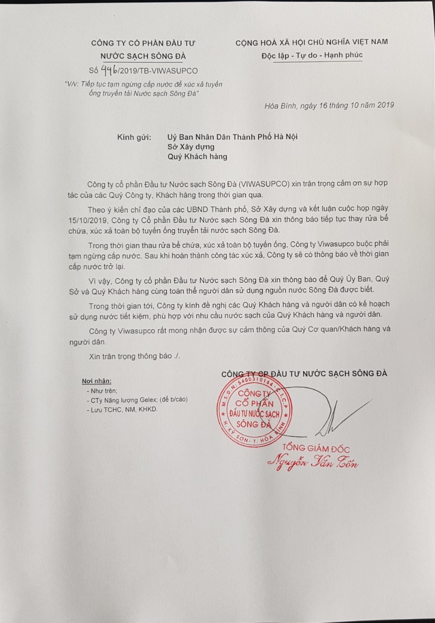 cong ty nuoc sach song da dung cap nuoc vo thoi han sau su co nhiem dau