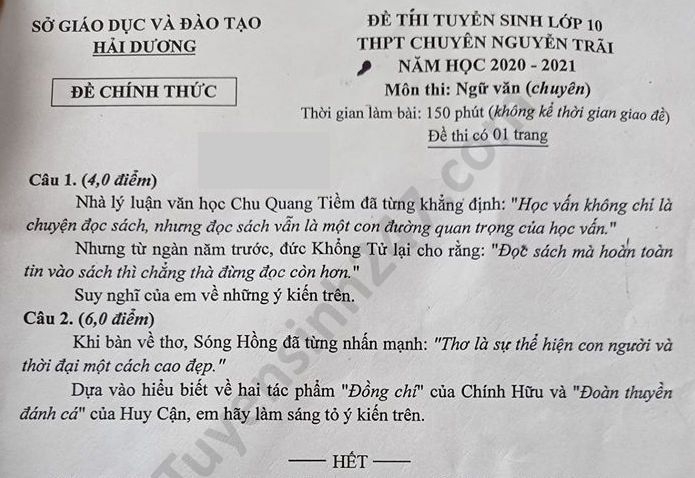 undefined 5153 de thi ngu van tuyen sinh lop 10 vao thpt chuyen nguyen trai tinh hai duong