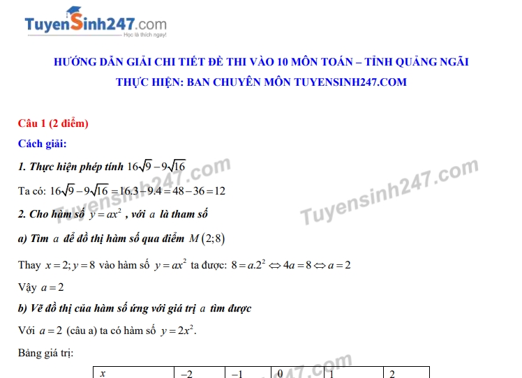 Đáp án đề thi môn Toán tuyển sinh lớp 10 vào THPT tỉnh Quảng Ngãi năm 2020