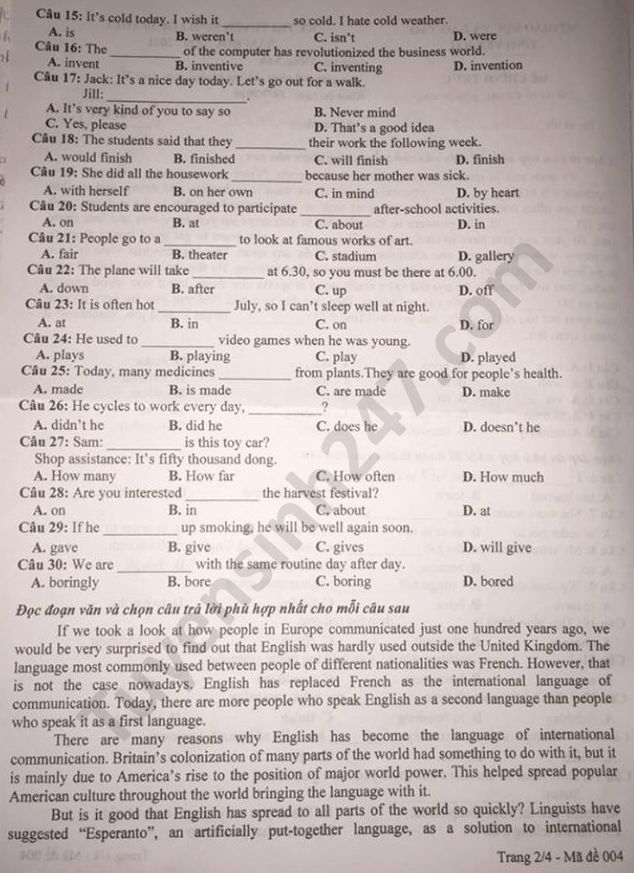 2614 dap an de thi anh van tuyen sinh lop 10 vao thpt tinh yen bai2