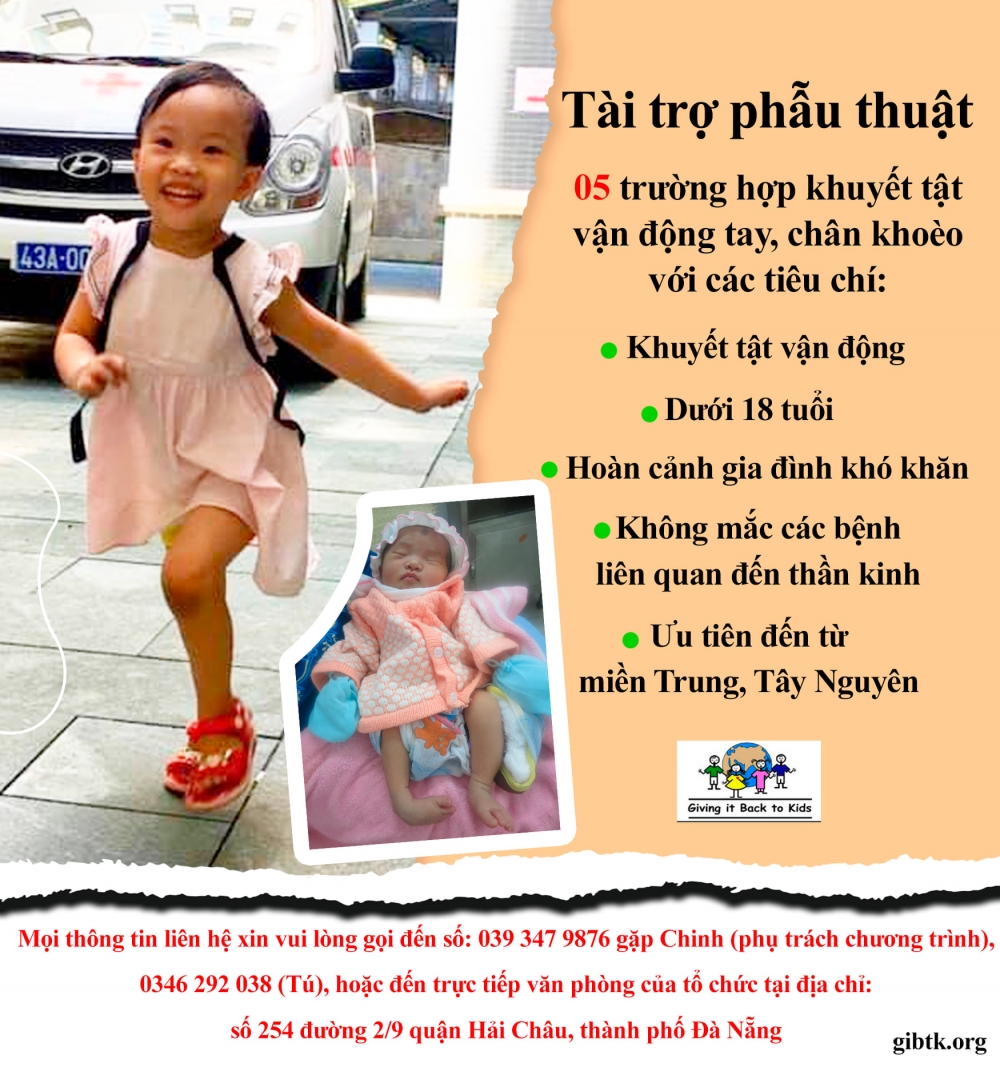 Tổ chức Trả lại tuổi thơ tìm 5 trường hợp khuyết tật vận động để tài trợ phẫu thuật